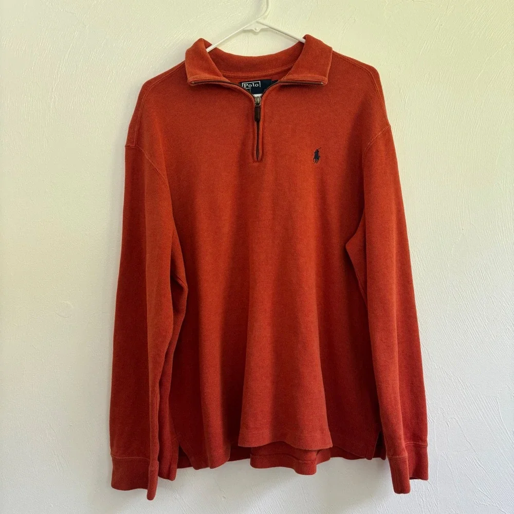 Polo Ralph Lauren 1/4 Zip Sweater Men Large Orange Rust 100% Cotton Pony Logo